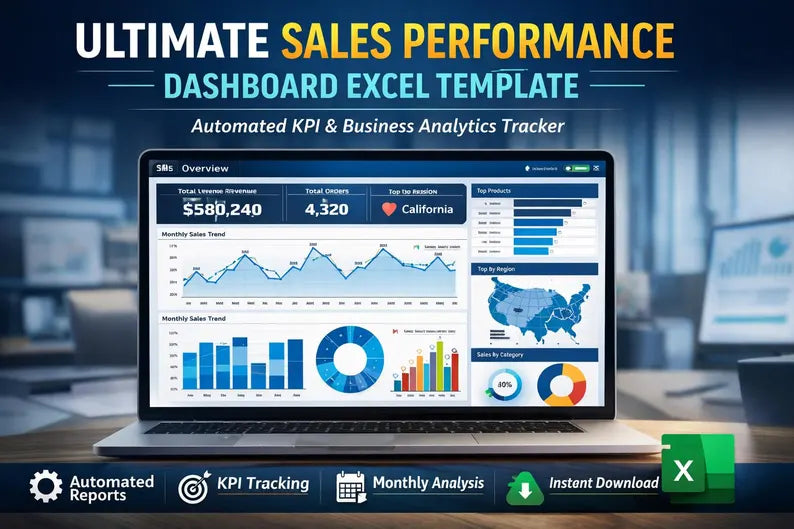 Sales Dashboard Excel Template, KPI Tracker, Automated Analytics (Digital Download)